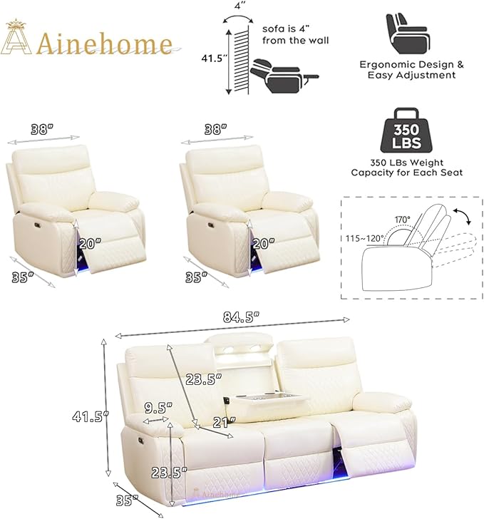 A Ainehome Power Recliner Sofa Set, Vanilla White Leather Reclining Couch & Chair Set, Living Room Furniture Sets, Luxury 3 Piece Living Room Furniture with Storage/Charging for Office/Home Theater