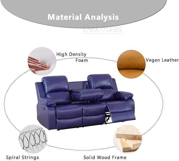 3 Seater Recliner Sofa Couch Manual Reclining Sofa Modern Leather Reclining Sofa Living Room Couch with Cup Holders & Drop Down Table for Living Room/Office/Rv Car (Purple Blue, 3 Seater Sofa)