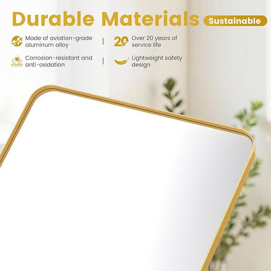 26X34 Inch Gold Metal Framed Bathroom Mirror for Wall, Gold Rounded Rectangle Mirror, Brushed Gold Bathroom Vanity Mirror Farmhouse, Anti-Rust, Tempered Glass, Hangs Horizontally or Vertically