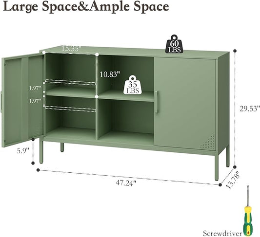 Coffee Bar Cabinet with Adjustable Shelf, Kitchen Storage Cabinet Metal Pantry Cupboard Buffet Sideboard for Living Room, Kitchen, Bedroom, Dining Room, Entryway (Green, H29.53'')