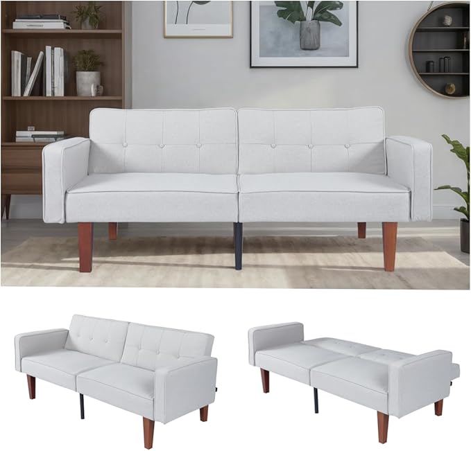 Adjustable Backrest Convertable Sofa, Modern Fabric 2-Seat Futon Sofa, Convertible Fabric Sleeper Couch with Armrests, Couch for Living Room Home Office Spaces, Grey