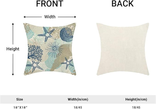 Nautical Coastal Throw Pillow Cover 18X18 Inch Pack of 2,Summer Beach Ocean Themed Decorative Pillow Covers Square Linen Starfish Seashell Pillow Cases Cushion for Bedroom Home Sofa Decoration