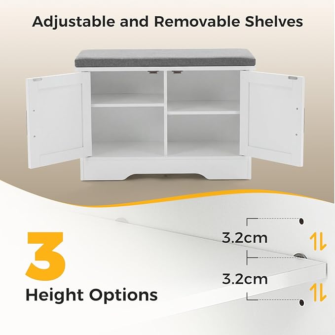 NEWBULIG 2-Tier Storage Bench, 28" Wide Shoe Bench with Padded Seat Cushion, Entryway Bench with 4 Barn Doors and Adjustable Shelf, White