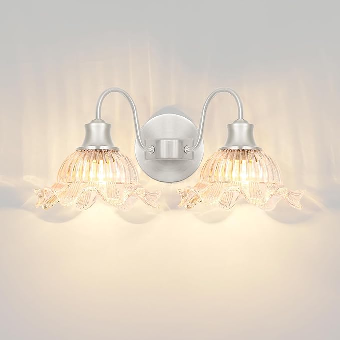 Vintage Vanity Light 2-Light, Brushed Nickel Bathroom Light Fixture with Glass Shades, Wall Sconce for Bathroom Mirror Lighting, Crystal Wall Sconce Decor for Powder Rooms, Dressing Areas