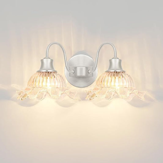 Vintage Vanity Light 2-Light, Brushed Nickel Bathroom Light Fixture with Glass Shades, Wall Sconce for Bathroom Mirror Lighting, Crystal Wall Sconce Decor for Powder Rooms, Dressing Areas