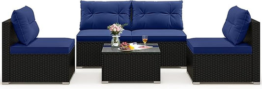 Tangkula 5 Piece Rattan Sofa Set, Outdoor Wicker Furniture Set w/Seat & Back Cushions, Square Coffee Table, Patio Sectional Sofa Set for Backyard, Poolside, Garden (Navy)