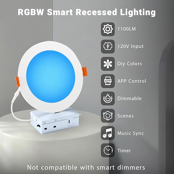 DAYBETTER Smart Recessed Lighting 6 Inch, Wi-Fi Connect RGBCW LED Downlight,Color Changing Tunable White (2700KK-6500K), Ultra Thin Dimmable with Junction Box 4 Pack