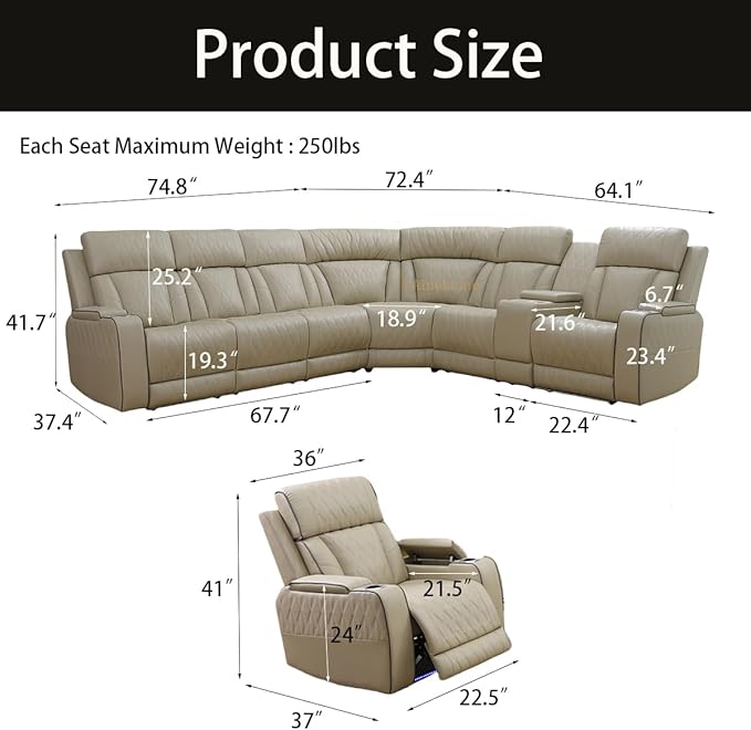 A Ainehome Furniture Reclining Sectional Sofa Set, Breathing Leather Furniture Set, L Shaped Recliner Couch with Storage Console for Living Room/Office/Home Theather(C-Beige)