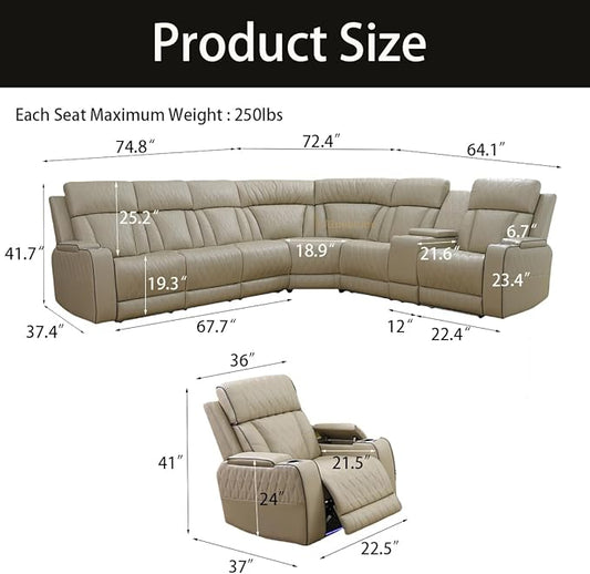 A Ainehome Furniture Reclining Sectional Sofa Set, Breathing Leather Furniture Set, L Shaped Recliner Couch with Storage Console for Living Room/Office/Home Theather(C-Beige)
