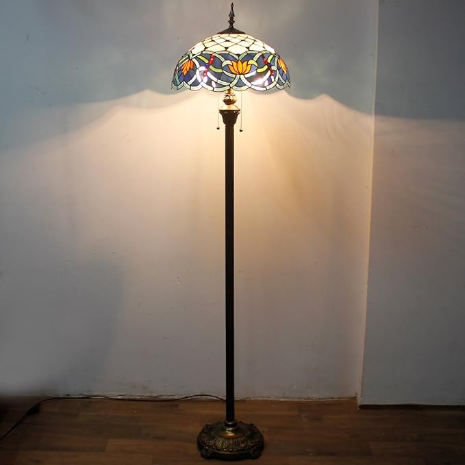 WERFACTORY Tiffany Floor Lamp Blue Lotus Stained Glass Flower Standing Reading Light 16X16X64 Inches Antique Pole Corner Lamp Decor Bedroom Living Room Home Office S220 Series