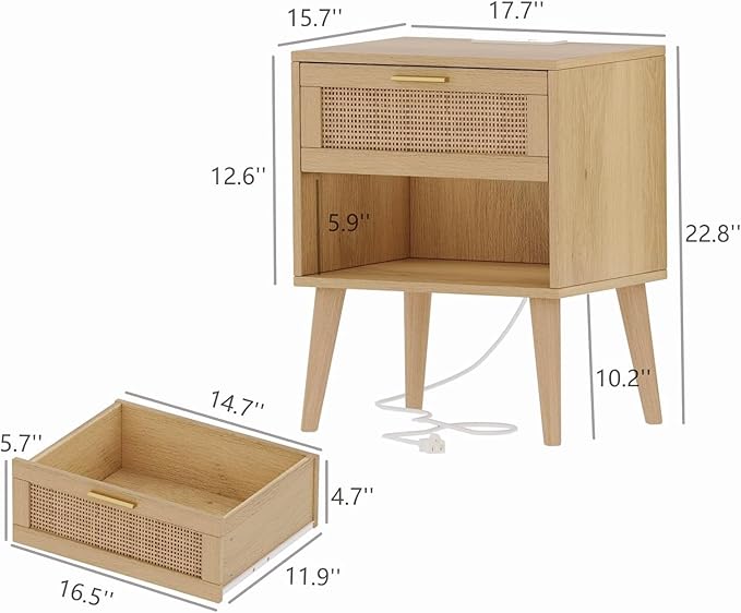 Irontar 17.7'' Wide Rattan Nightstand Set of 2, Bedroom Night Stand with Charging Station & Drawers, Boho Bed Side Table with Solid Legs, Accent End Side Table with Open Shlef, Natural