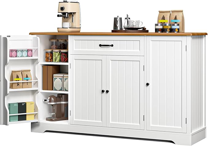 Gizoon 56" Kitchen Coffee Bar Cabinet with Storage Kitchen Sideboard Buffet Cabinet with Drawers, Short Pantry with Door and Shelves for Bathroom and Living Room, White and Rustic