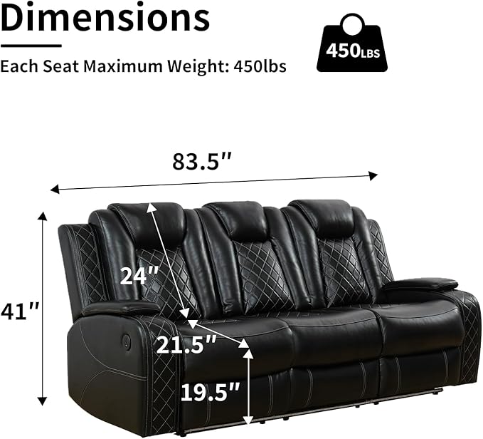 Power Leather Recliner Sofa with LED Light,84" Double Reclining Couch with Drop Down Table/USB Port/Storage Armrest,3 Seater Leather Couch for Living Room Furniture(Black,3 Seater Sofa)