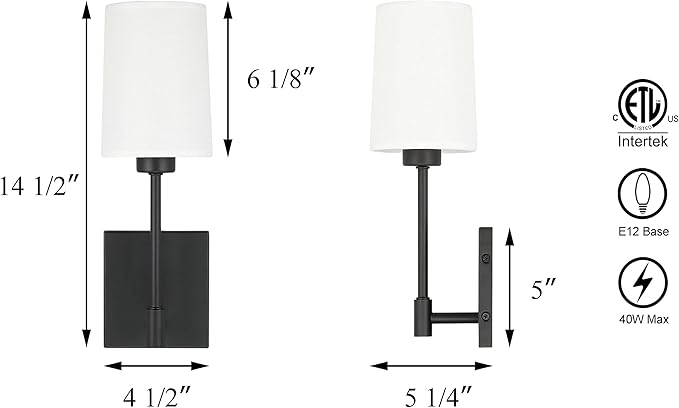 XiNBEi Lighting Bedroom Wall Lamp, Modern 1 Light Black Wall Mounted Sconce Light with Fabric Shade for Bedside & Living Room XB-W1215-1-MB