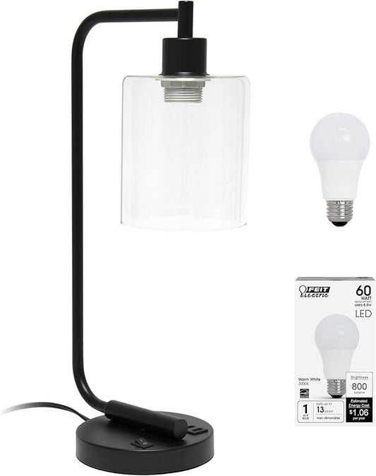 Simple Designs LD1066-BLK-LB Industrial Vintage Bronson Iron Lantern Desk Table Lamp with USB Port and Glass Cylinder Shade for Office, Living Room, Bedroom, Black, with Feit LED Bulb Included