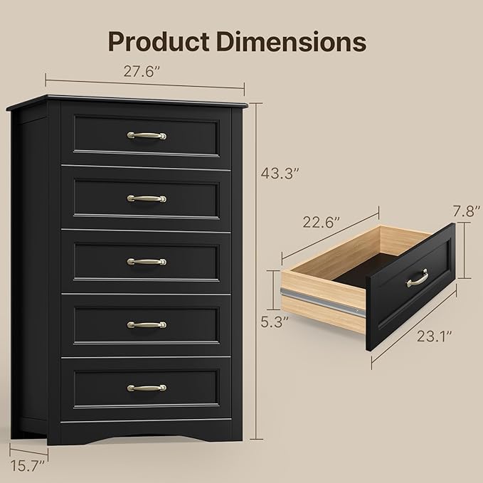 Gizoon 5 Drawer Dresser, Black Wood Chest of Drawers for Bedroom, 43.3" Large Capacity Storage Cabinet with Anti-Tip Device, for Clothes, Living Room, Hallway, Office