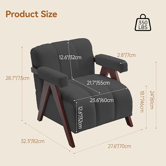 Accent Chairs Set of 2 Mid-Century Modern with Wide Backrest for Bedroom, Upholstered Living Room Chair with Wooden, Lounge Armchair with Thick Cushion, Cute Teddy Comfy Chair, Dark Grey