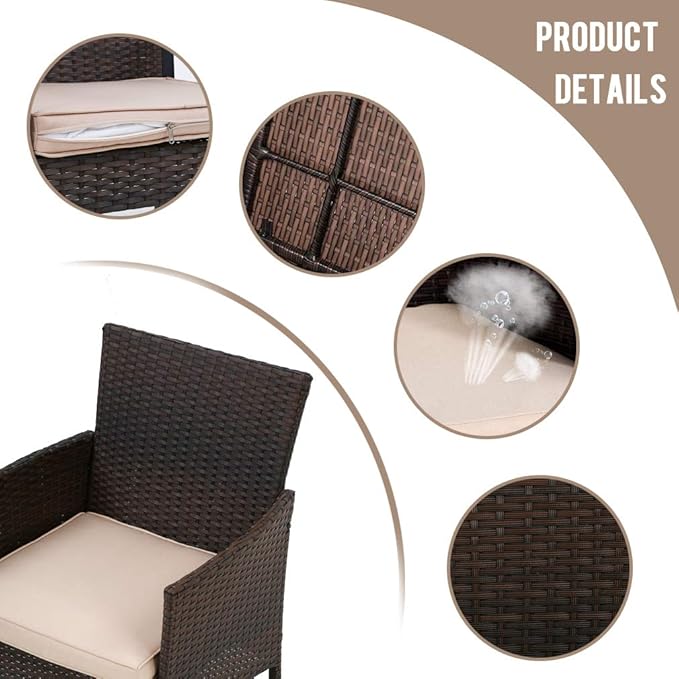 FDW | 3-Piece Patio Furniture Set | Brown | Outdoor Wicker Furniture with Coffee Table | Modern Rattan Chairs Conversation Set | Outdoor Seating | Weather-Resistant | for Porch, Garden, Lawn