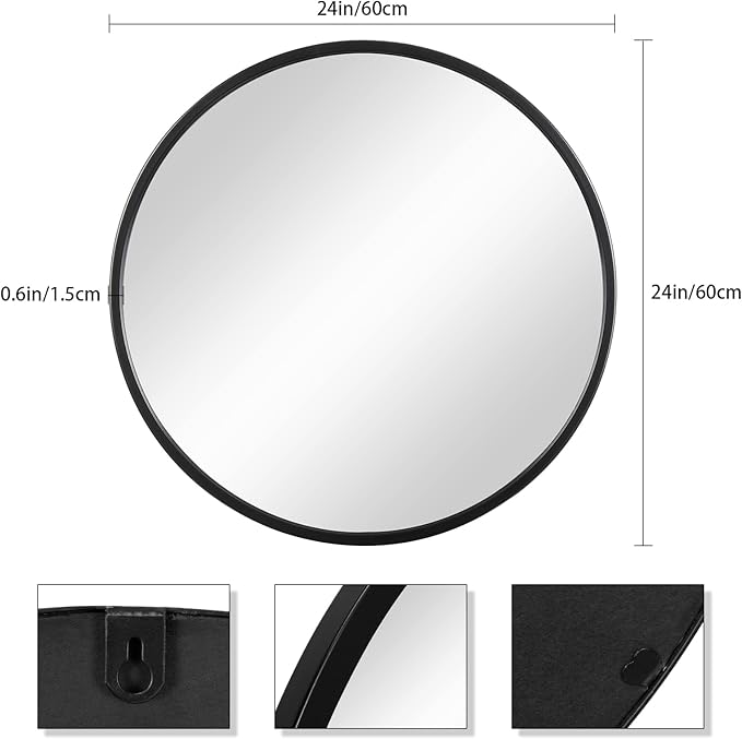 24 inch Round Mirror Black Metal Framed Wall Mount Bathroom Vanity Real Glass Circle Mirror for Home, Entryway, Living Room, Bedroom