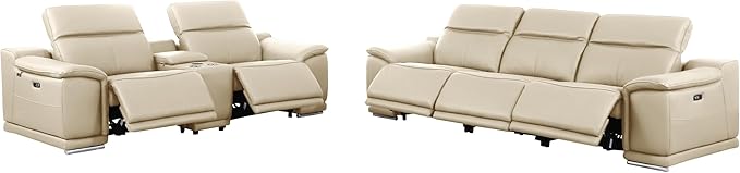 Blackjack Furniture Venice Top Grain Italian Leather Power Recline 6 Piece 5 Seater Sofa - 107" Theater Seating Modern Couch for Living Room Apartment with Adjustable Headrests & USB Port, Beige