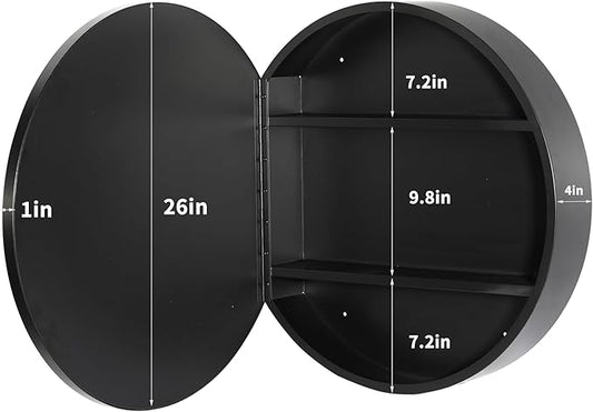 Movo 26 Inch x 26 Inch Round Circle Black Aluminuml Framed Bathroom Mirror Medicine Cabinet, Circular Storage Cabinet Surface Mounted Black