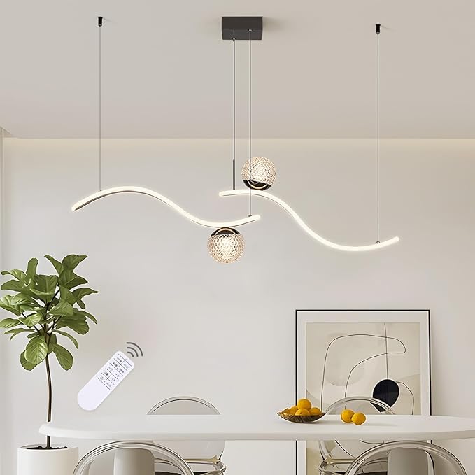 Modern LED Globe Pendant Light, 39in Dimmable Black Hanging Chandelier Light Fixture, 2-Wave Kitchen Pendant Lighting Over Island, Dining Room Lights Ceiling Hanging Over Table (2-Bulb)