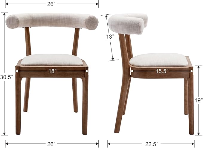 Kmax Dining Room Chairs Mid-Century Modern Fabric Kitchen Chairs with Natural Walnut Finished Frame, Linen Curved Back, 2-Pcs Set, Beige