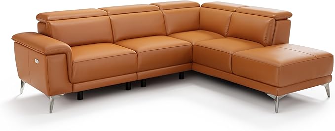 Valencia Pista Full Leather Right Chaise Sofa 112.5" | Italian Nappa Leather Modern Cloud Couch for Living Room/Apartment Furniture | Power Recliner, Ultimate Comfort, Cognac