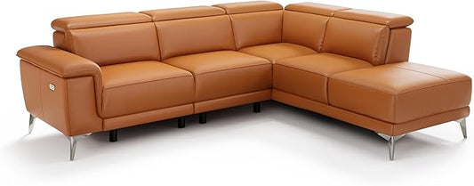 Valencia Pista Full Leather Right Chaise Sofa 112.5" | Italian Nappa Leather Modern Cloud Couch for Living Room/Apartment Furniture | Power Recliner, Ultimate Comfort, Cognac