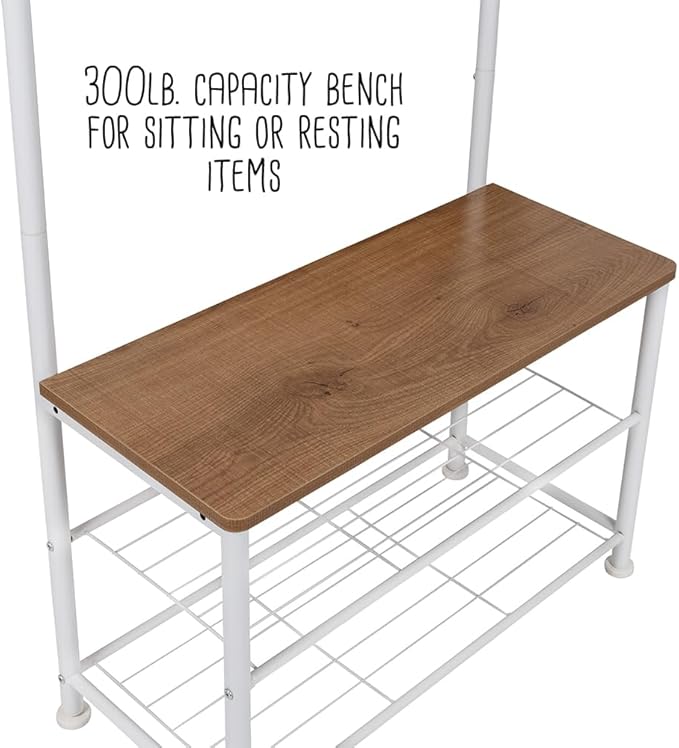Honey-Can-Do Entryway Hall Tree with Bench and Shoe Storage, White/Walnut SHF-09603 White, 300 lbs