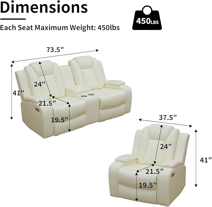 Power Leather Recliner Sofa Set with LED Light,Reclining Loveseat and Chair Set with USB,Leather Couch Set for Loveseat with Storage Console/Single Recliner 2 PCS for Living Room(White,2+1)