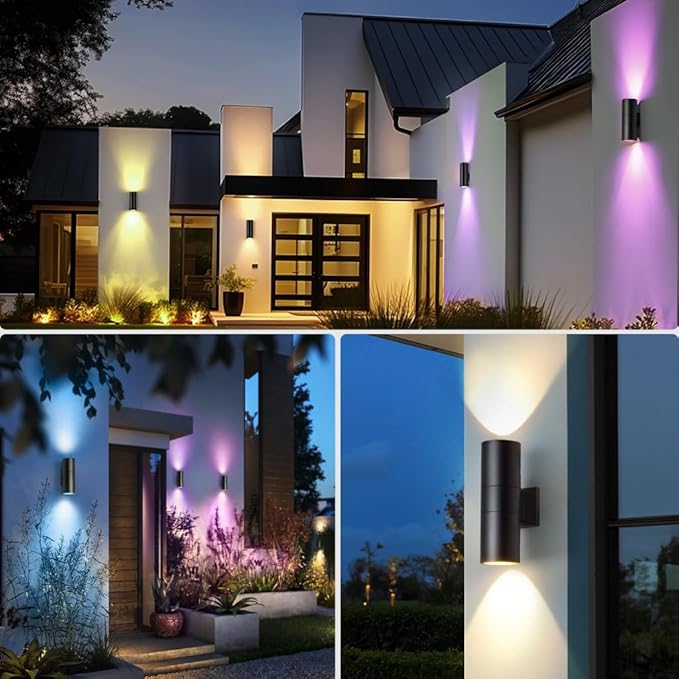 KIZON Smart Porch Lights 2 Pack, RGB Modern Outdoor Wall Lights Dusk to Dawn Exterior Lighting Fixture App Control with Remote, Up and Down Outdoor Sconce Lights for House Patio Garage