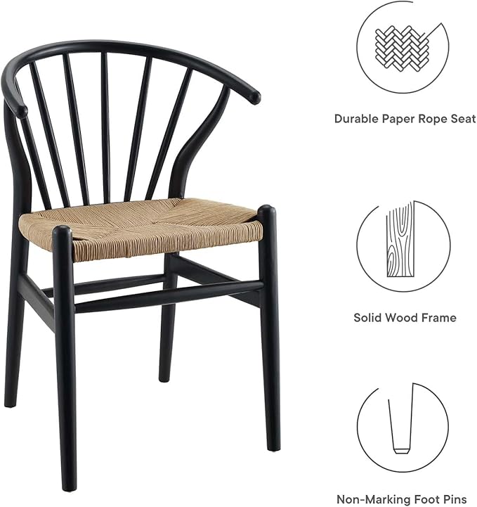 Modway Flourish Mid-Century Modern Rustic Farmhouse Wood Dining Chair Set of 2 in Black