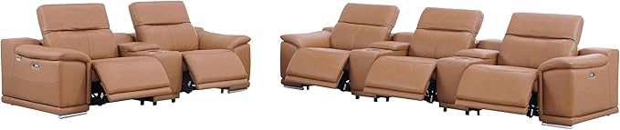 Blackjack Furniture Venice Top Grain Italian Leather Power Recline 8 Piece 5 Seater Sofa - 134" Theater Seating Modern Couch for Living Room Apartment with Adjustable Headrests & USB Port, Cognac