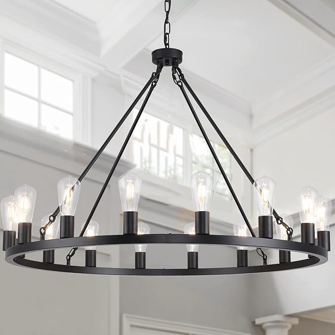 16 Lights Black Wagon Wheel Chandelier, 40 inch Large Farmhouse Light Fixture Round Rustic Pendant Light, Outdoor Wagon Chandelier for Porch High Ceilings Dining Room Living Room Entryway