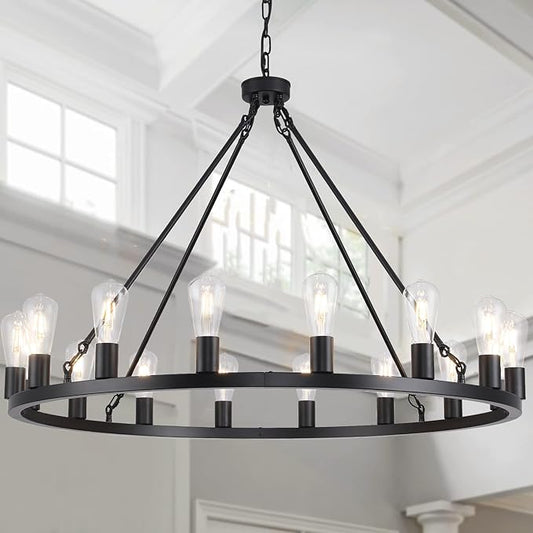 16 Lights Black Wagon Wheel Chandelier, 40 inch Large Farmhouse Light Fixture Round Rustic Pendant Light, Outdoor Wagon Chandelier for Porch High Ceilings Dining Room Living Room Entryway