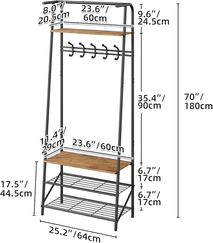 IDEALHOUSE Coat Rack Shoe Bench with 5 Hooks, Hall Trees Entryway Bench with Storage, Multifunctional Hallway Organizer, Wood Look Accent Furniture with Metal Frame for Entryway, Living Room, Bedroom