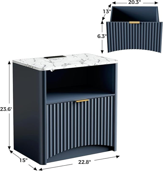 Evermagin Fluted Nightstand with Charging Station, Navy Blue Bedside Table with Drawer and Storage, Wood End Table Mid Century Modern, Large Night Stand for Bedroom