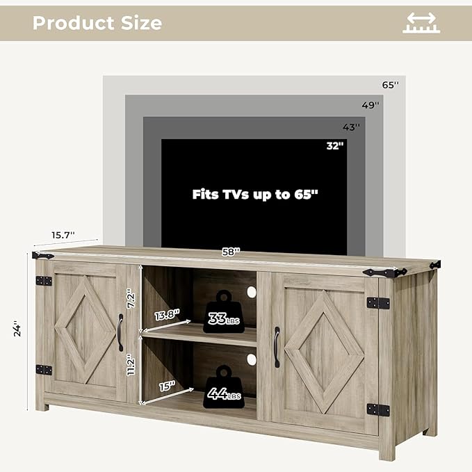 Modern Farmhouse TV Stand for Televisions up to 65’’, Entertainment Center with Storage Cabinets and Sliding Barn Doors, Media TV Consoles for Living Room, Bedroom, Gray Oak