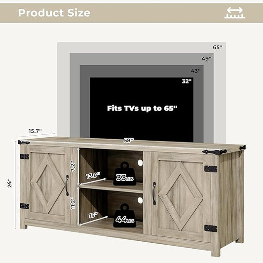 Modern Farmhouse TV Stand for Televisions up to 65’’, Entertainment Center with Storage Cabinets and Sliding Barn Doors, Media TV Consoles for Living Room, Bedroom, Gray Oak