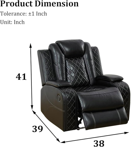Leather Power Recliner Sofa Set with LED Light，Living Room Furniture Set, Leather Reclining Sofa Set with USB Port Storage Armrest(Single Recliner, Black)