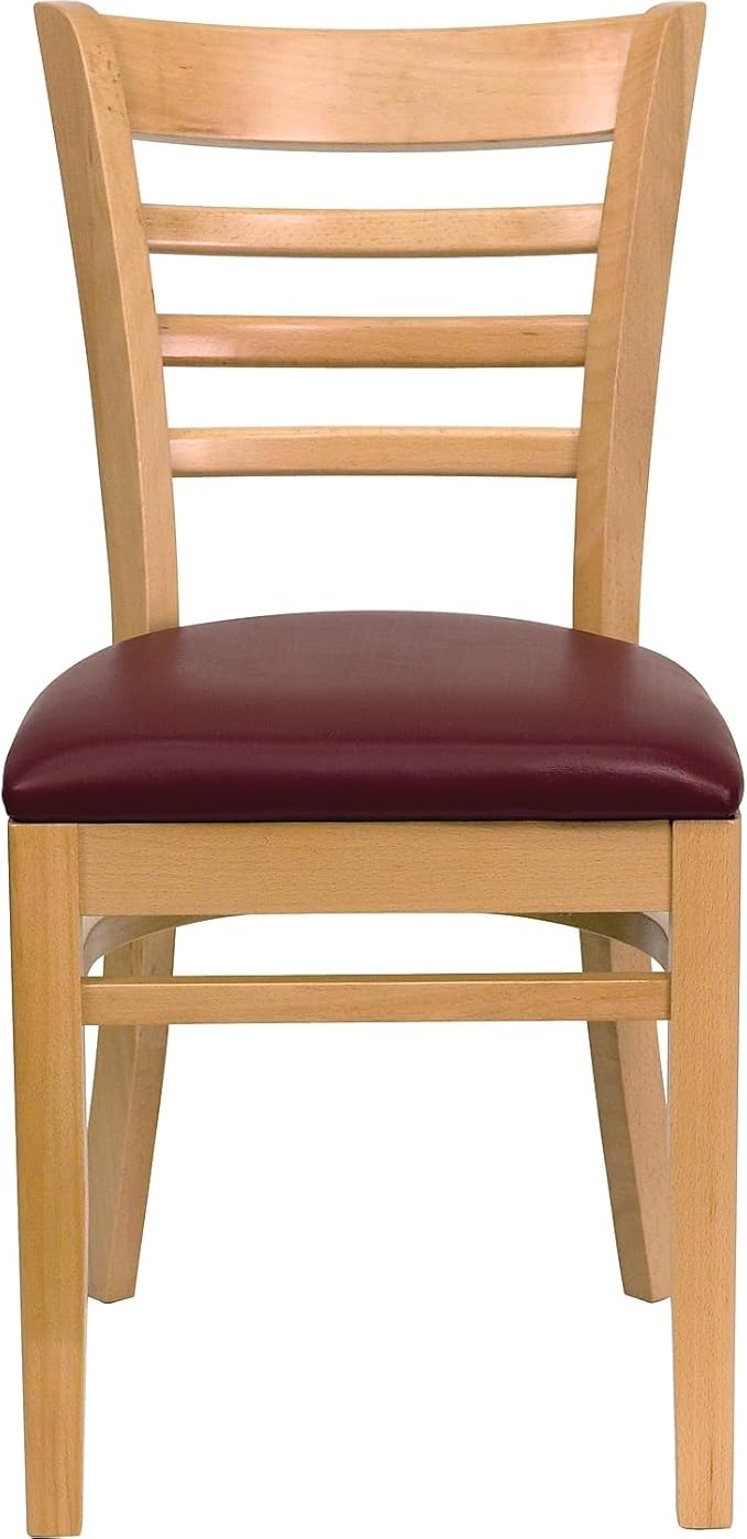 Flash Furniture 2 Pk. HERCULES Series Ladder Back Natural Wood Restaurant Chair - Burgundy Vinyl Seat
