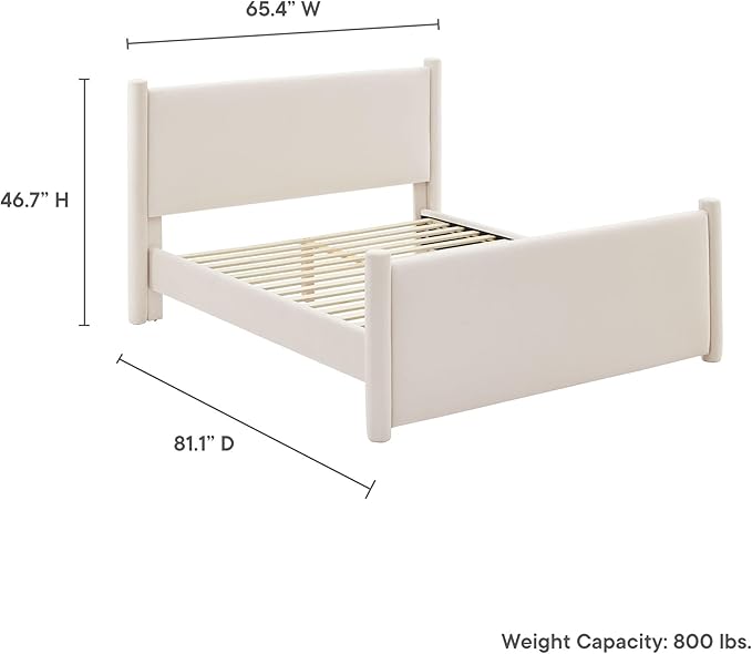 Modway Rael Full Platform Bed Frame with Upholstered Headboard and Footboard in Alabaster – Stain-Resistant Performance Velvet Full Size Bed with Rounded Posts