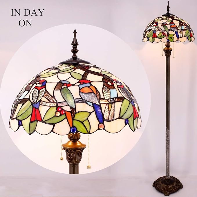 WERFACTORY Tiffany Floor Lamp Double Birds Amber Stained Glass Standing Reading Light 16X16X64 Inches Antique Pole Corner Lamp Decor Bedroom Living Room Home Office S805 Series