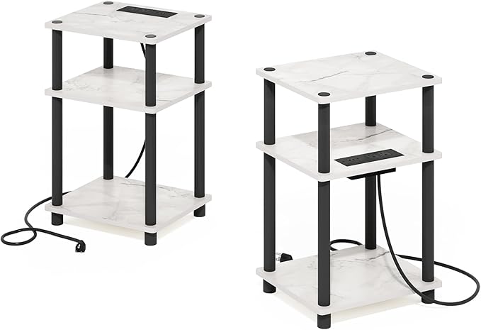 Furinno JUST Side Table Set of 2, 3-Tier Modern End Table with Charging Station, Open Shelf Night Stand, Bedside Table with USB and Type-C Charging Port, for Living Room, Bedroom, Marble White