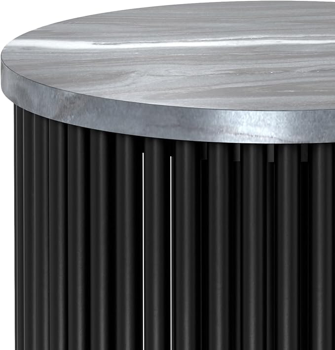 SIMPLIHOME Demy Metal Accent Table - 18 inch Wide Solid Metal Round Side Table with Genuine Marble Top and Slatted Base in Black, Contemporary End Table for Living Room with Compact Design, Assembled