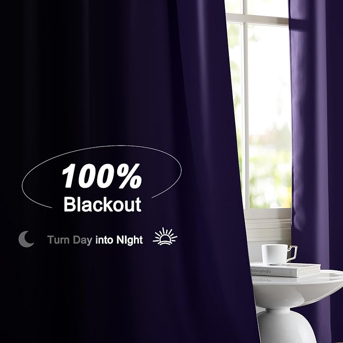 NICETOWN 100% Blackout Curtains for Nursery, Lilac Purple W52 x L84 Set of 2 Light Blocking & Soundproof Drapes,Rod Pocket Black Lined Window Treatment Panels
