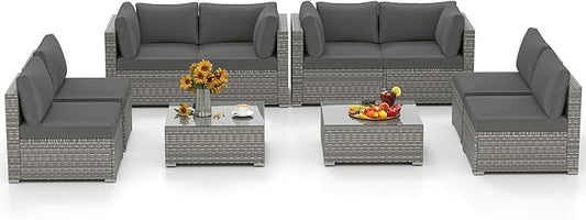 Tangkula 10-Piece Outdoor Patio Sectional Sofa Couch, PE Rattan Conversation Set w/Glass Coffee Table & Cushions, Outdoor Furniture Set w/Sturdy Metal Frame for Garden Poolside Backyard