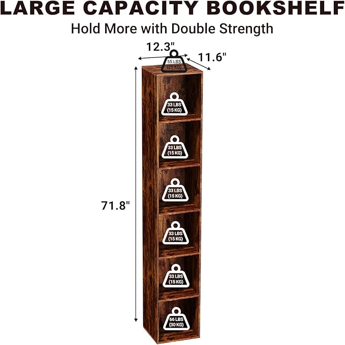 6 Tier Bookshelf, Open Tall Narrow Floor Standing Bookcase, Storage Organizer Bookshelves Freestanding Book Shelf for Living Room, Bedroom, Home Office (Retro Brown, 6 Cube)