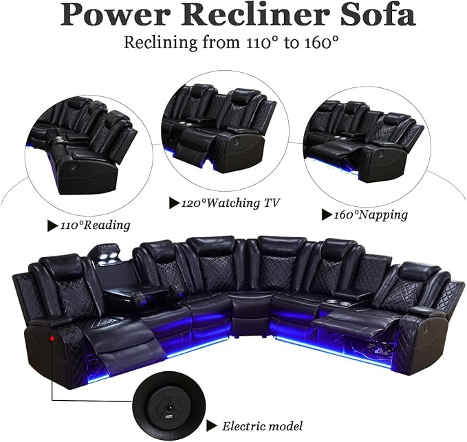A Ainehome Living Room Furniture Power Recliner Sofa, Breathing Leather Power Reclining Sofa Set, Sectional Reclining Couch with Storage Console for Living Room/Guest Room(A-Black)